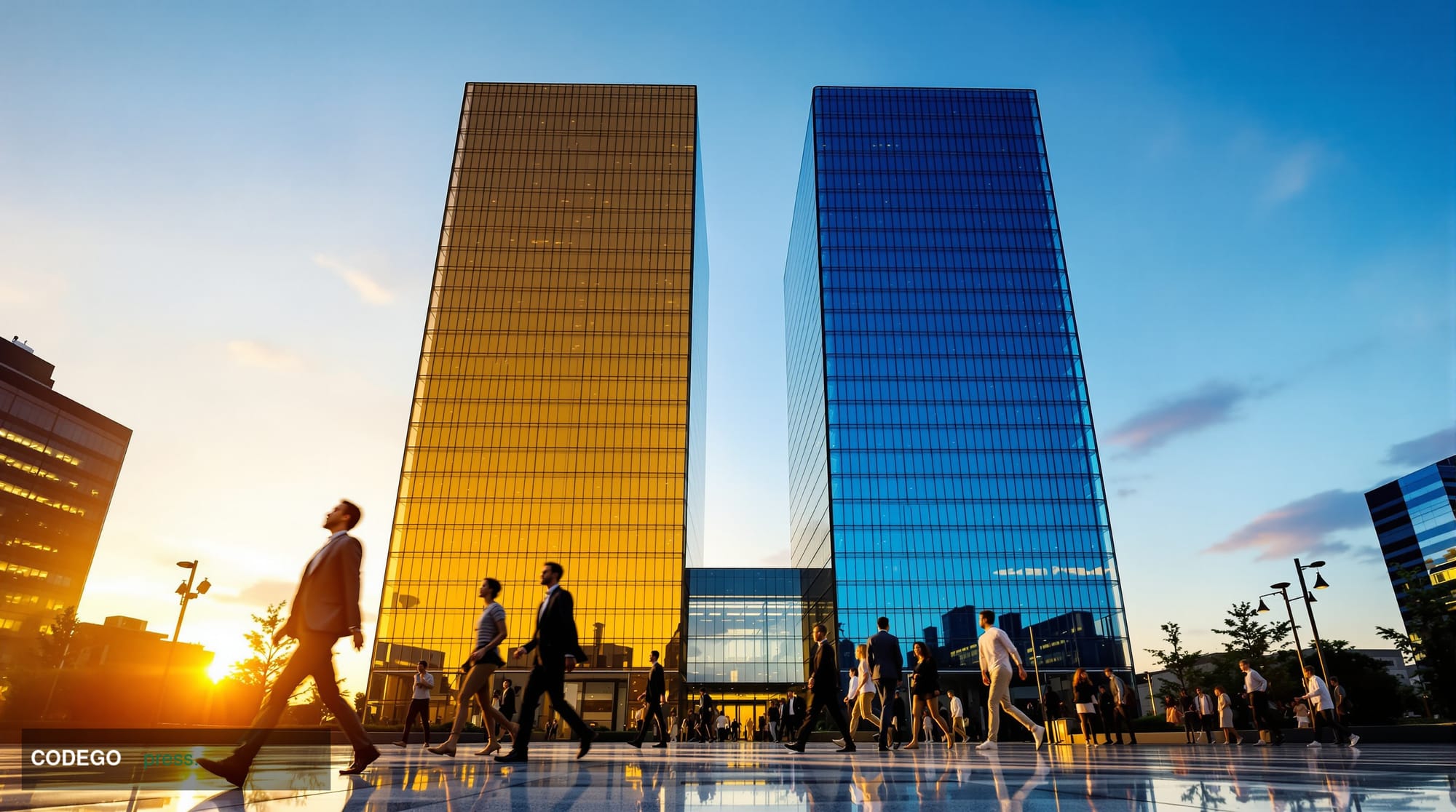 A dramatic cinematic editorial photograph shot at low angle looking up at two imposing glass-and-steel bank headquarters buil