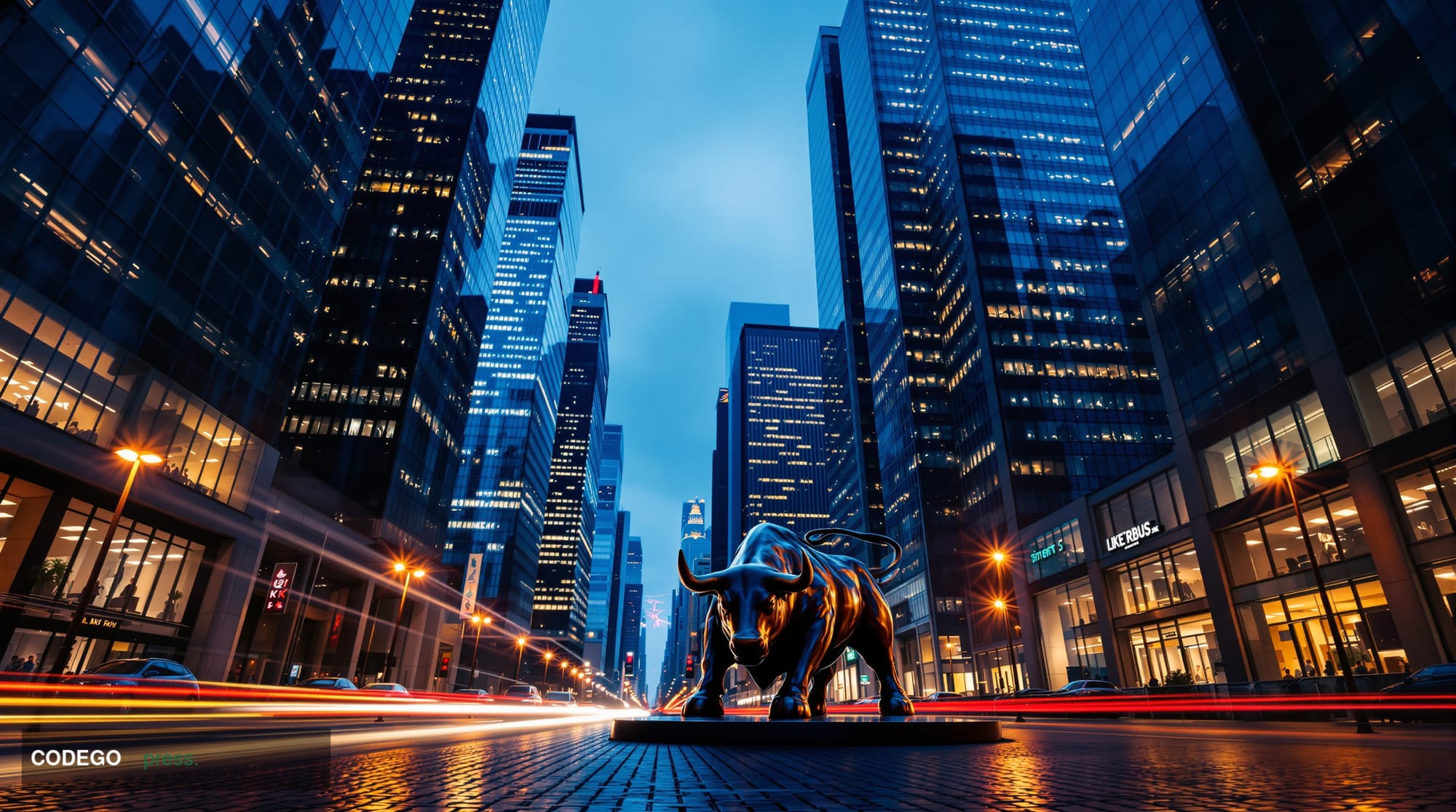 A wide-angle cinematic shot of the New York financial district at dusk, looking upward along a canyon of glass-and-steel towe