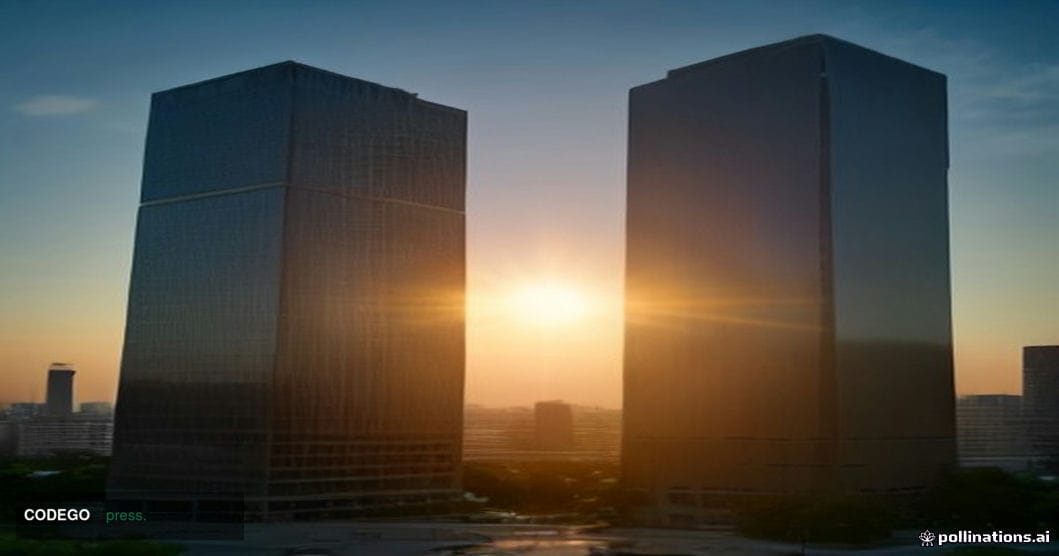 A sweeping wide-angle shot of Brasília's modernist government district at golden hour, with the iconic reflective glass facad