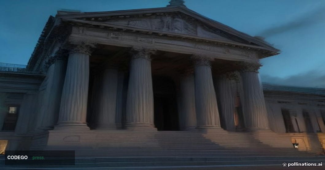 A cinematic editorial photograph of a grand neoclassical courthouse exterior in Brooklyn, New York, shot from a low angle at 