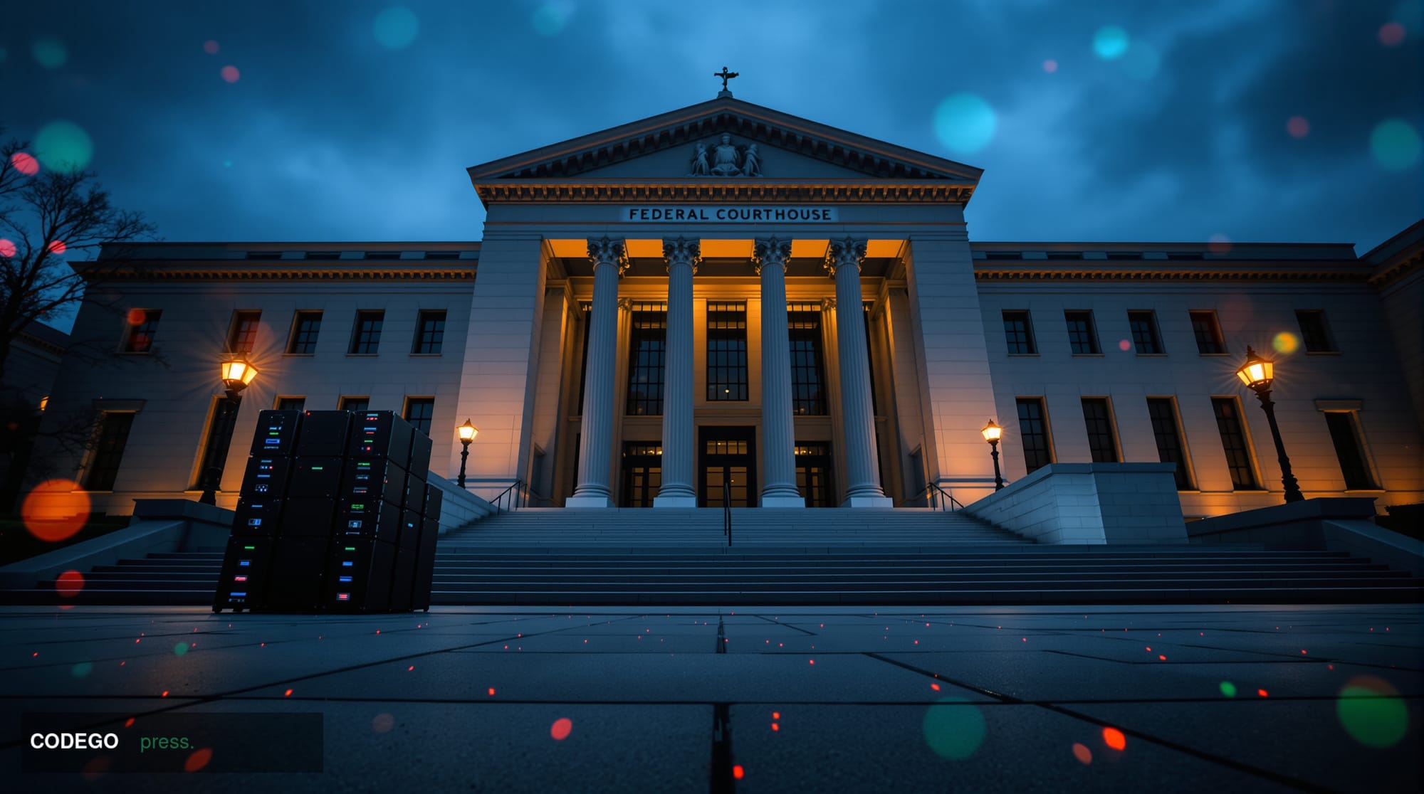 A dramatic cinematic editorial photograph taken from a low angle looking up at a brutalist federal courthouse facade in Brook