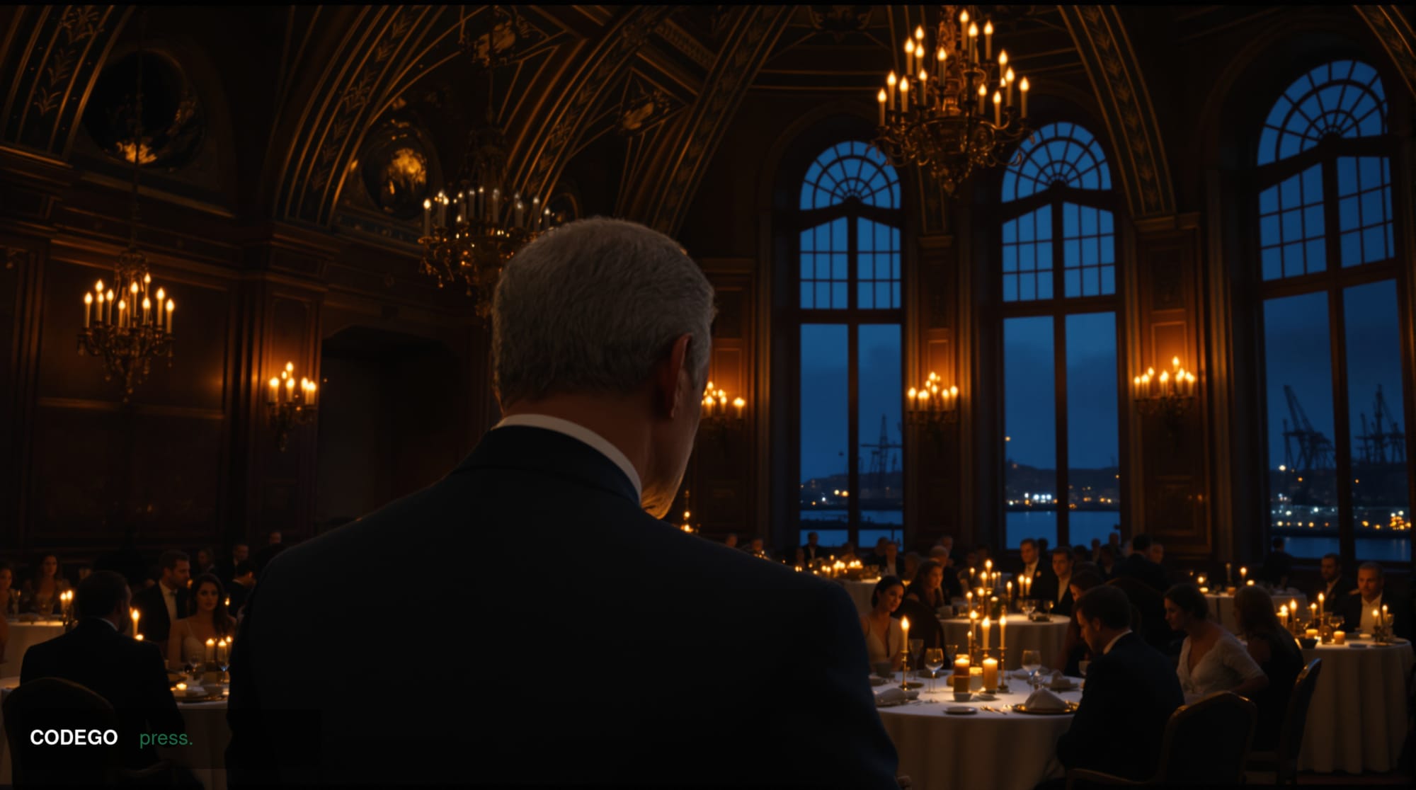 A cinematic editorial photograph set in an elegant historic German banquet hall in Rostock, northern Germany, with grand arch