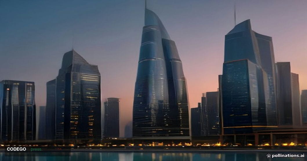 A sweeping low-angle cinematic shot of Dubai's futuristic financial district skyline at dusk, with the iconic glass towers of