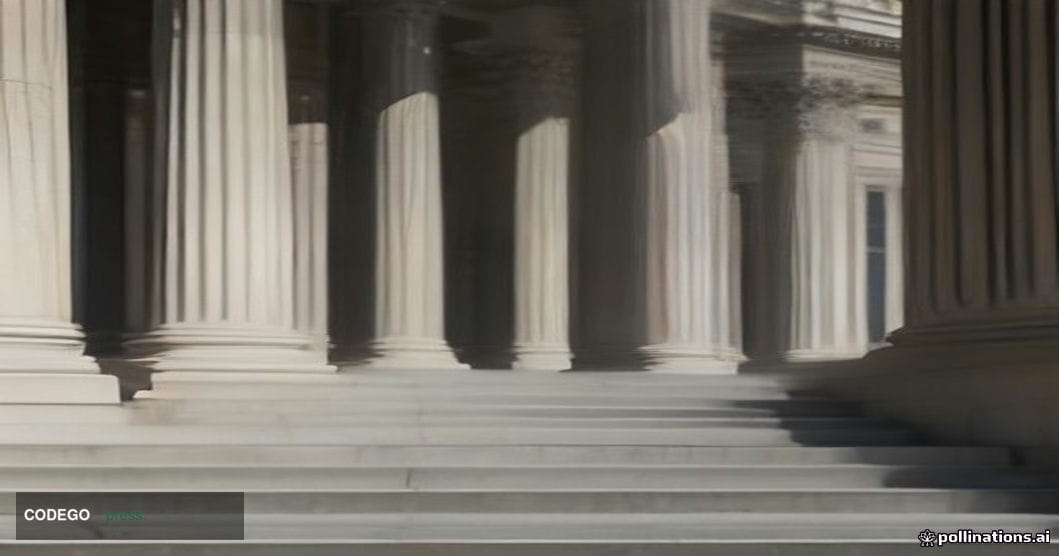 A cinematic photorealistic editorial photograph shot at ground level looking up at the imposing neoclassical granite facade o