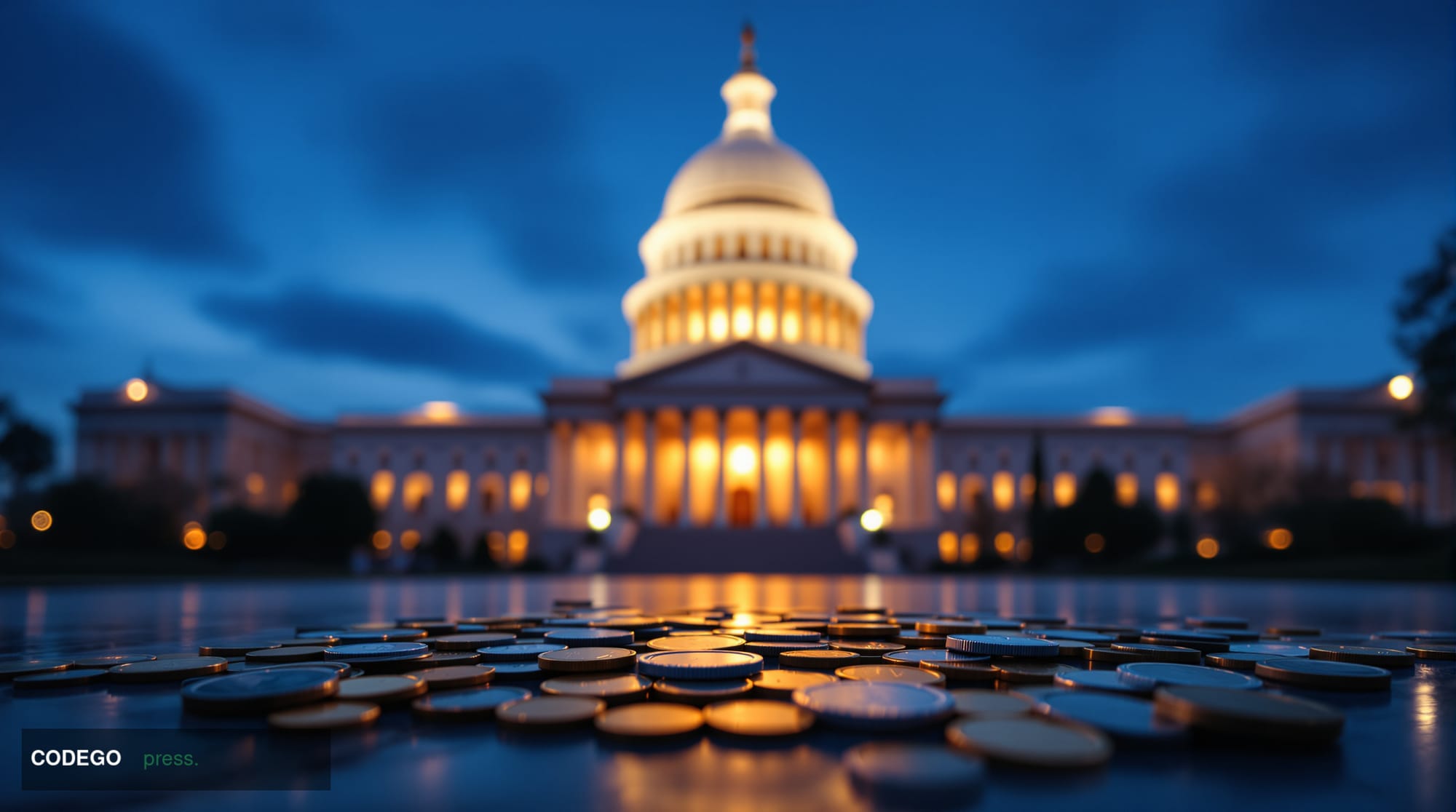 A wide-angle cinematic shot of the California State Capitol building in Sacramento at dusk, its neoclassical white dome bathe