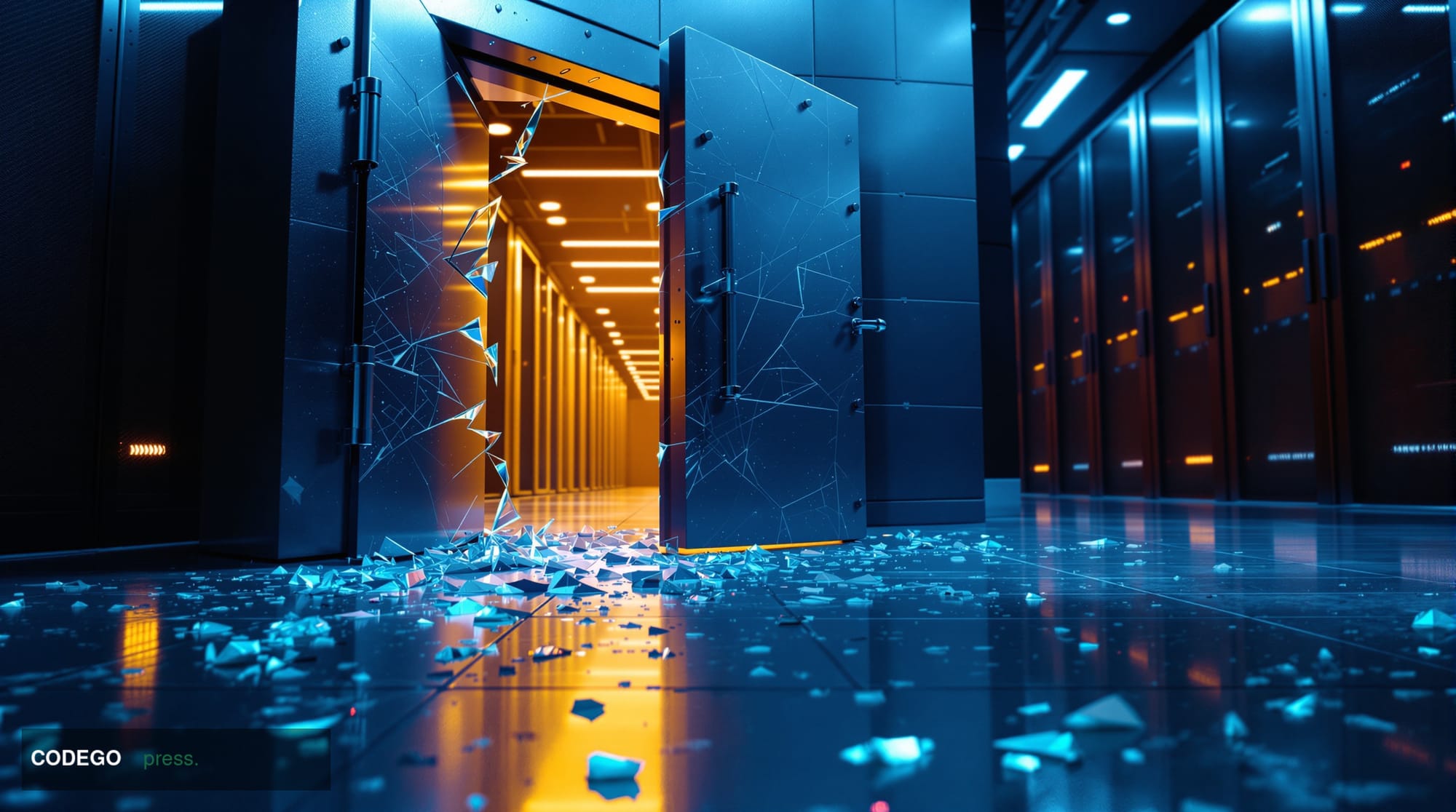 A photorealistic cinematic editorial photograph set inside a high-security AI research laboratory environment, shot from a lo