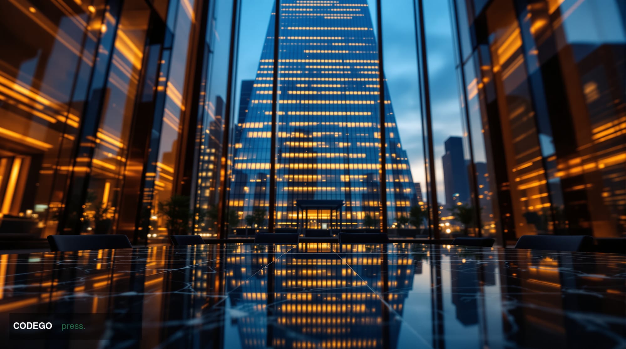 A cinematic editorial photograph shot at low angle looking up at a gleaming glass-and-steel financial district tower in lower