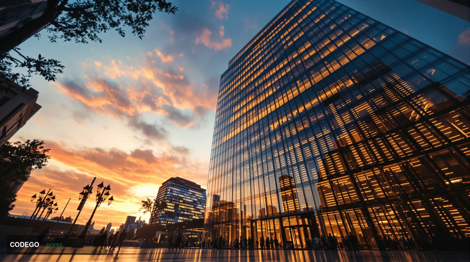 A cinematic editorial photograph of a modern glass-and-steel financial district office tower photographed from a low angle at