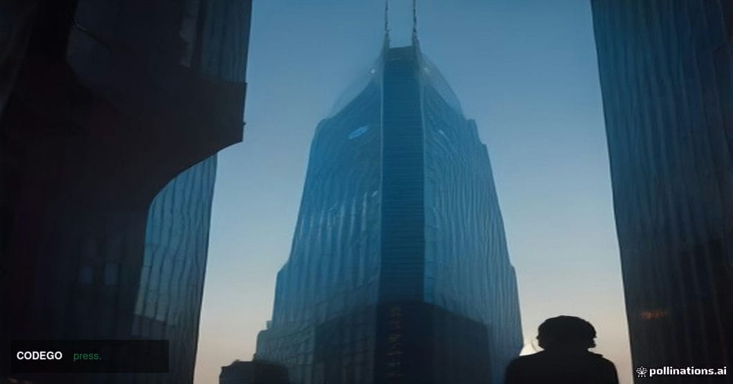 A cinematic editorial photograph of a monumental glass-and-steel financial district tower at dusk, shot from a low angle look