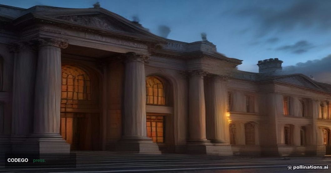 A wide-angle cinematic exterior shot of a grand neoclassical stone government building in Dublin, Ireland, shot at dusk with 