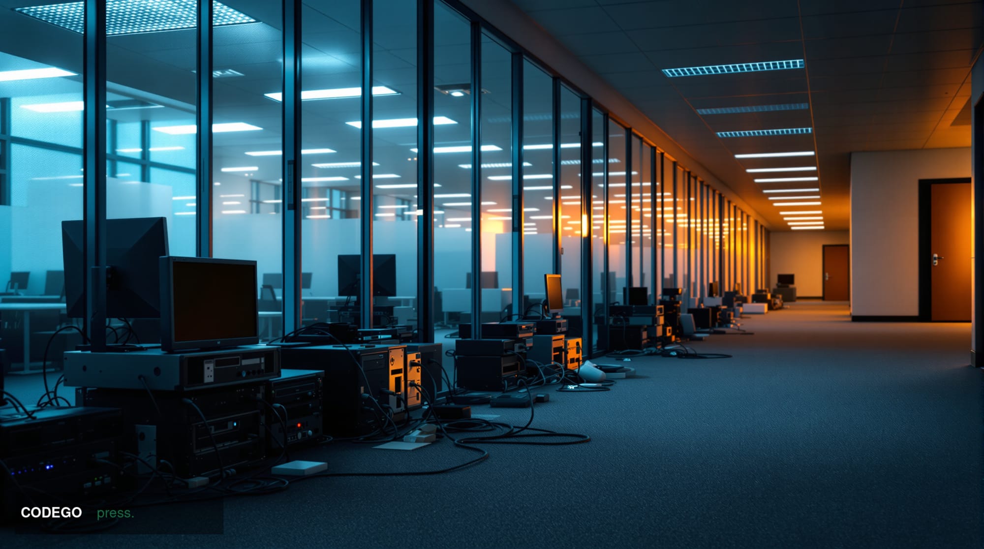 A wide-angle cinematic shot of an abandoned government office interior, viewed through floor-to-ceiling glass partitions, wit