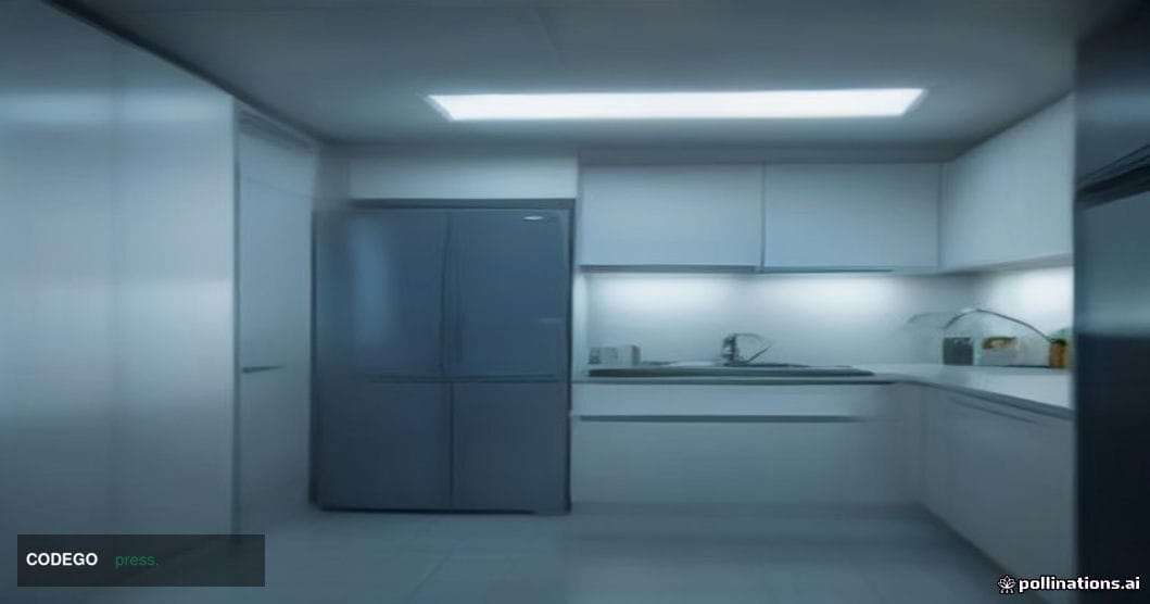 A cinematic editorial photograph of a modern smart kitchen interior, shot from a low angle looking up toward a large stainles