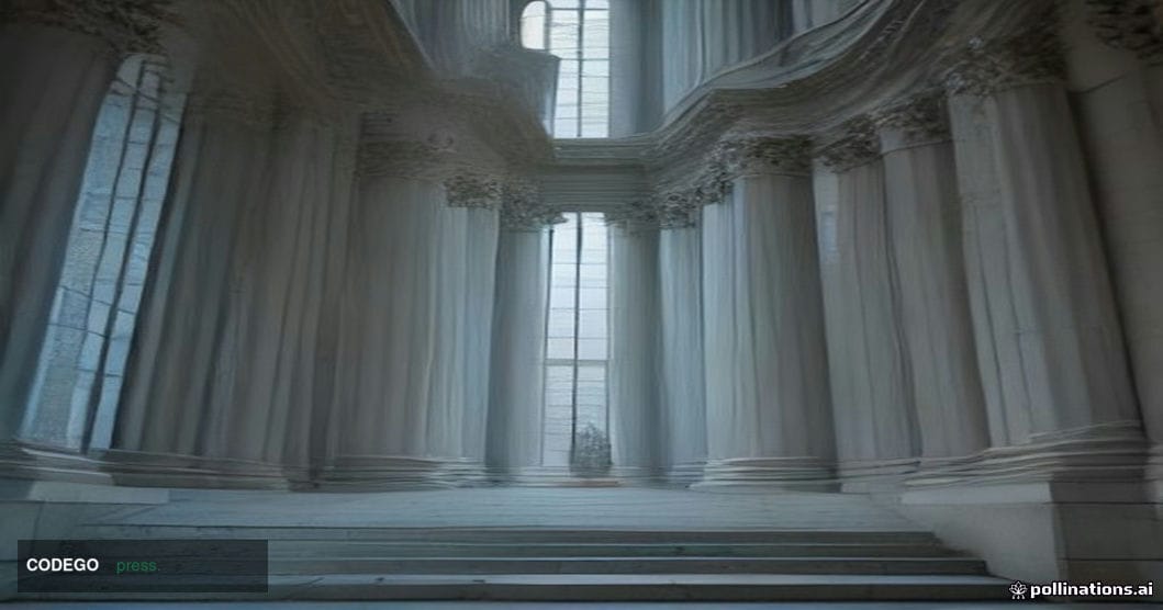 A grand neoclassical marble courthouse exterior at dusk, shot from a low dramatic angle looking upward at towering white ston
