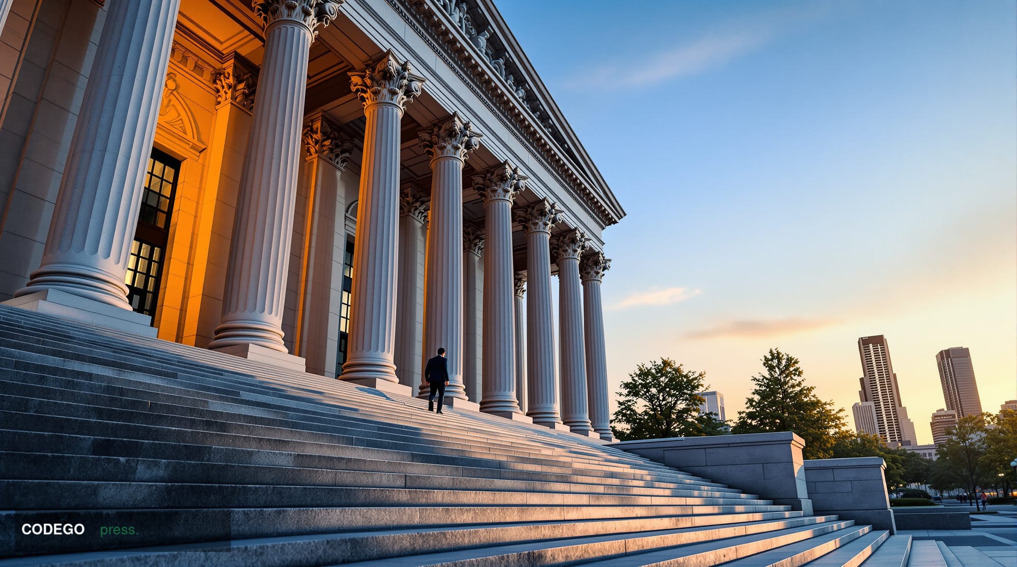 A sweeping low-angle shot of a grand neoclassical government building in Washington D.C. at dawn, its polished stone columns 