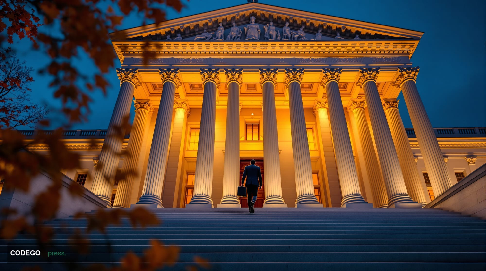 A grand neoclassical government building exterior in Washington D.C., shot from a low-angle perspective at dusk, its limeston