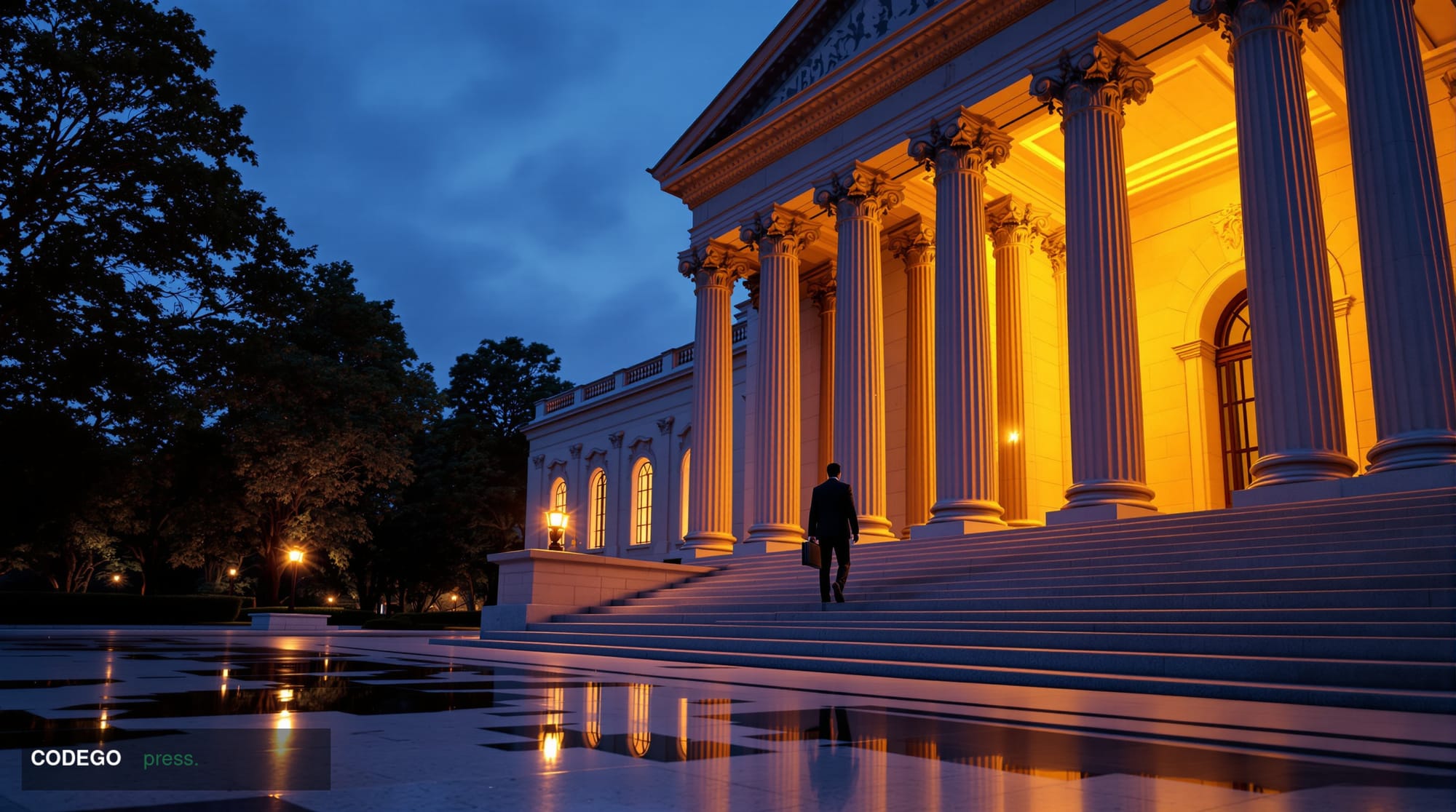 A dramatic wide-angle shot of a neoclassical federal government building in Washington D.C. at dusk, its stone columns castin