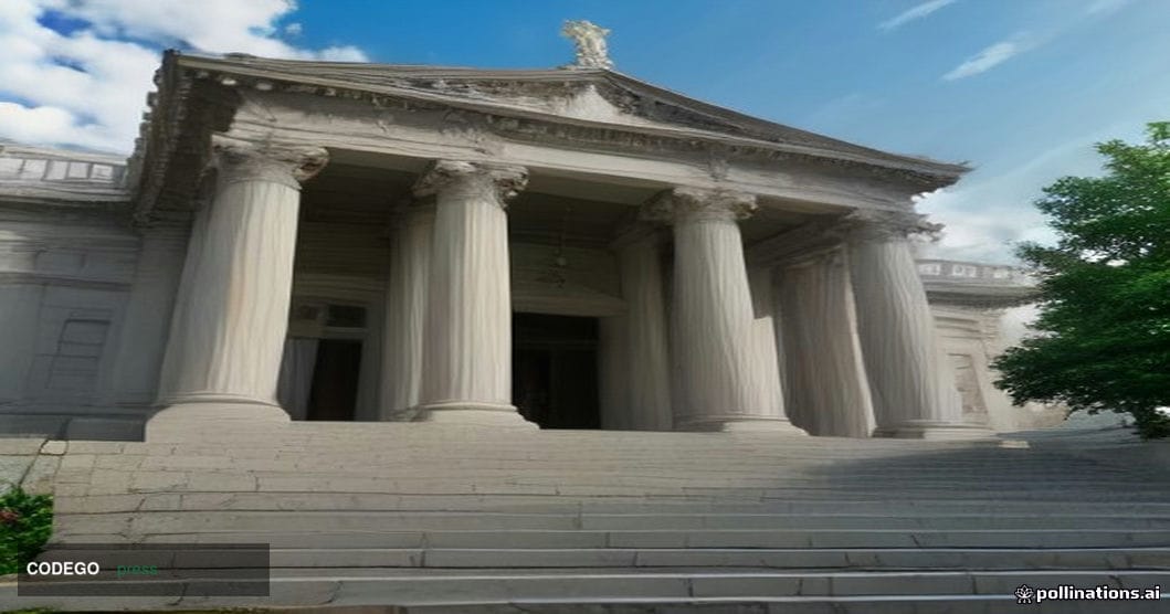A dramatic low-angle shot of the exterior of a federal courthouse in Washington D.C., specifically evoking the neoclassical s