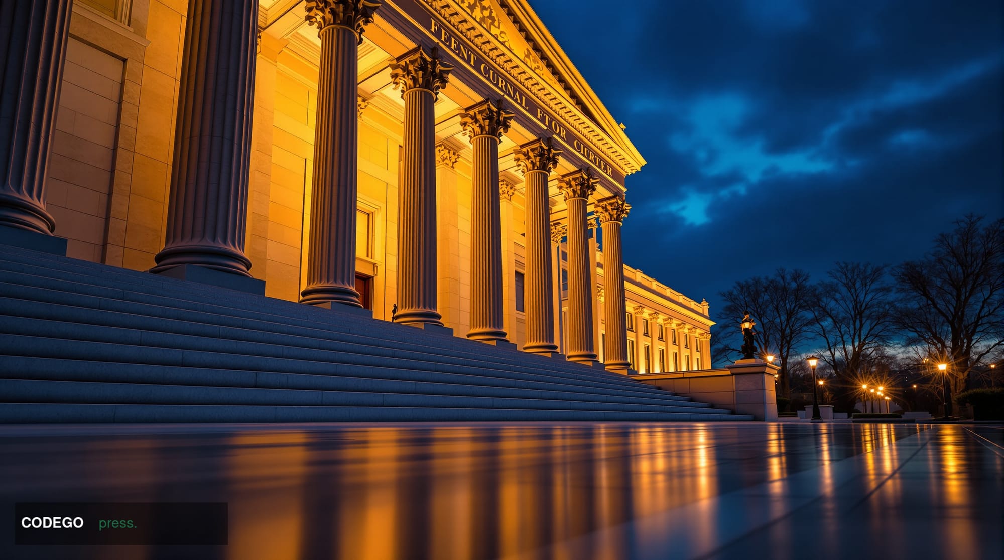A grand federal government neoclassical building exterior in Washington D.C., shot at dusk from a low-angle perspective, the 