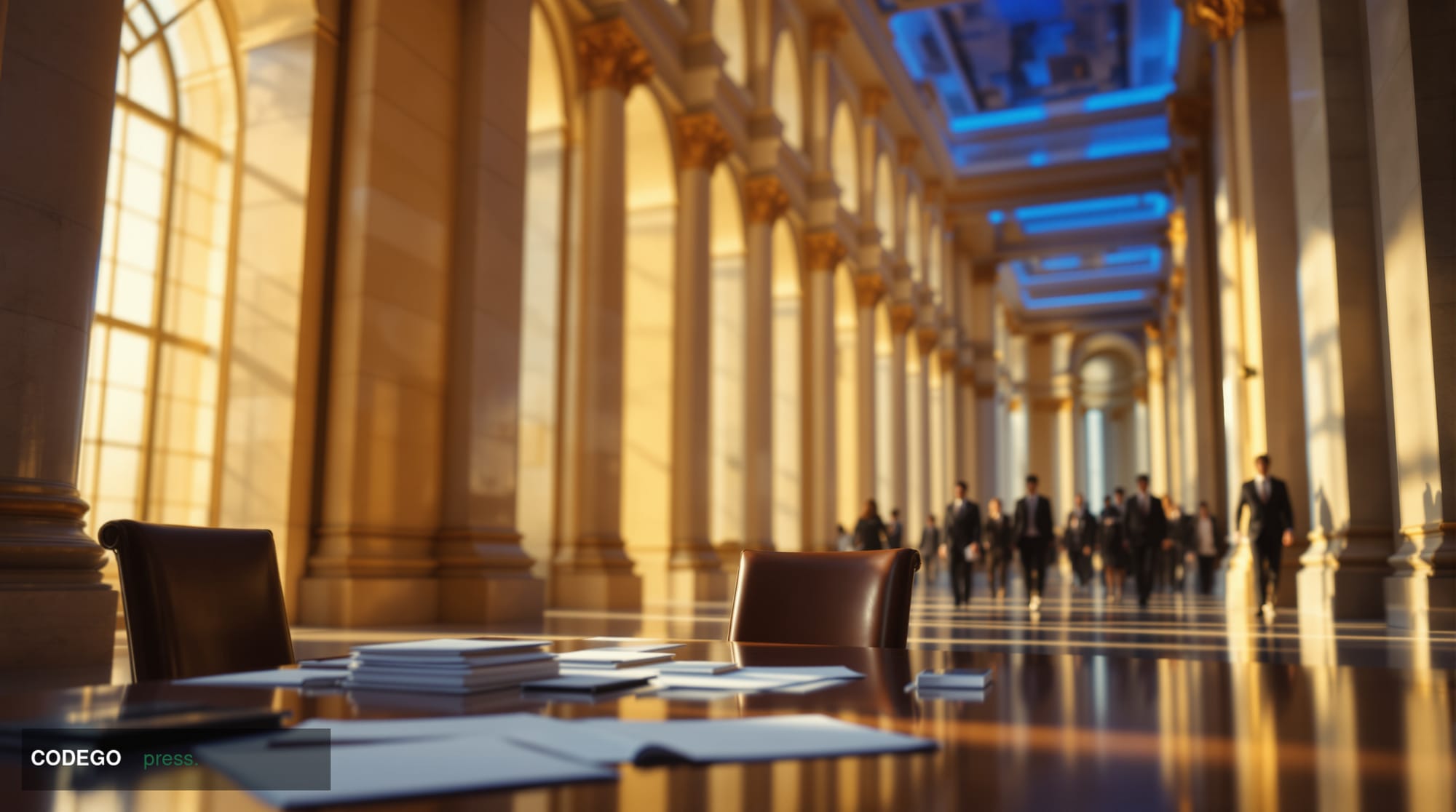 A photorealistic cinematic editorial photograph set inside a grand Washington D.C. federal building interior, shot from a low