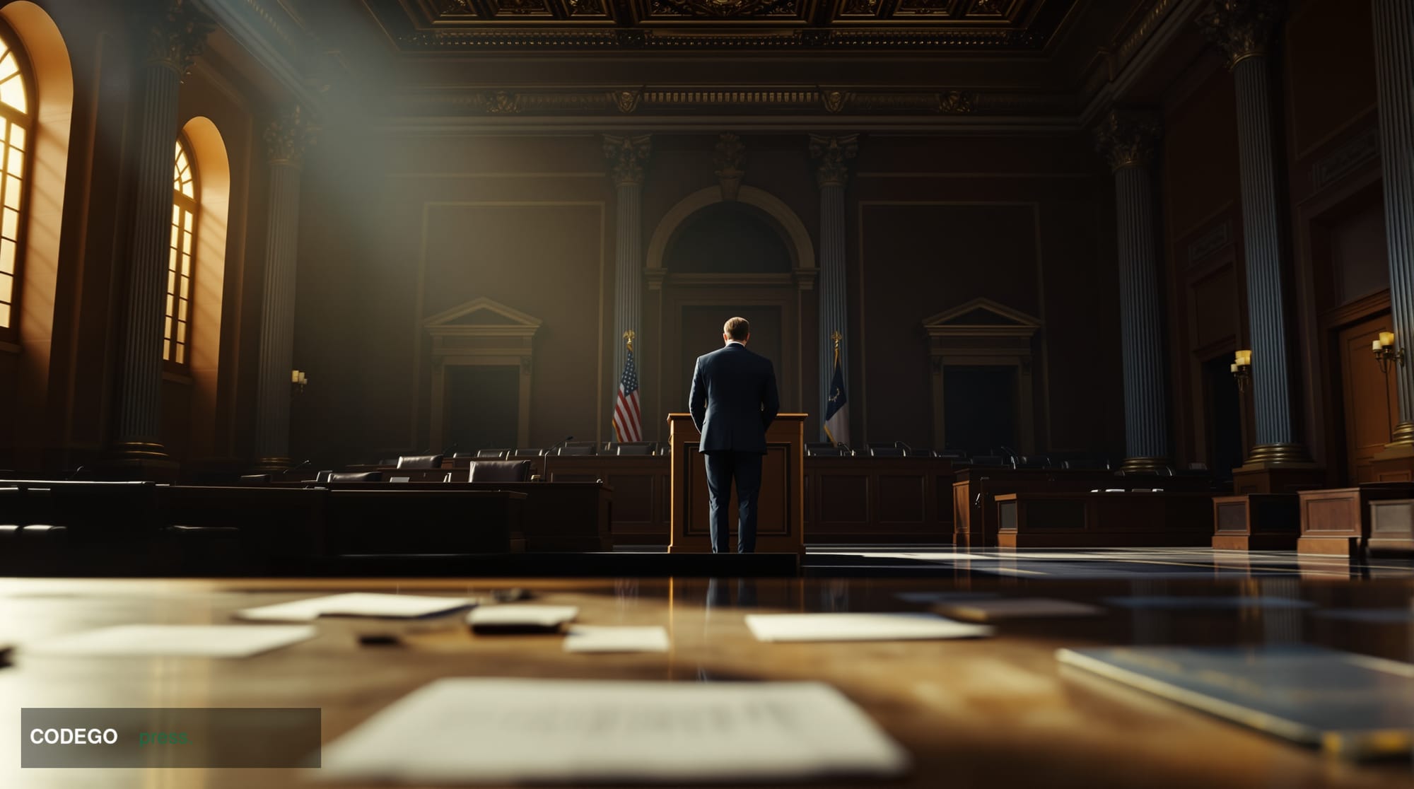 A photorealistic cinematic editorial photograph set inside a grand Washington D.C. federal government building interior, feat