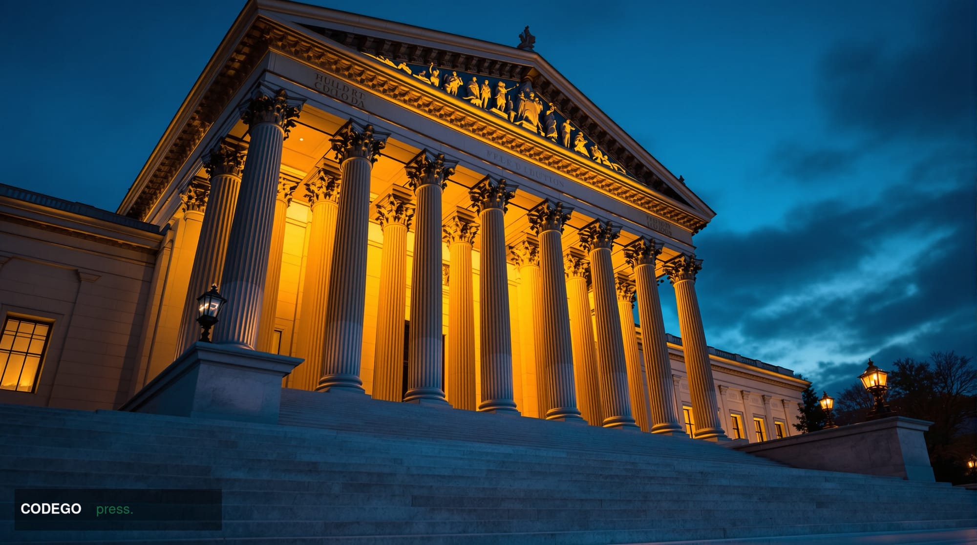 A grand neoclassical federal government building in Washington D.C. photographed at dusk from a low-angle perspective, its st