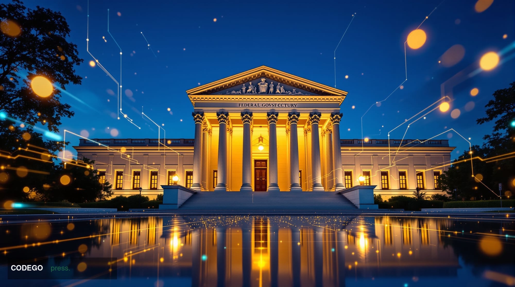 A grand neoclassical federal government building in Washington D.C. photographed at dusk from a low-angle perspective, its im