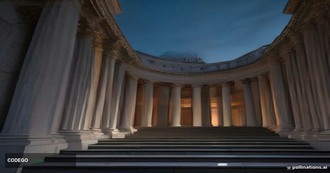 A grand neoclassical government building exterior in Washington D.C. at dusk, photographed from a low angle looking upward al
