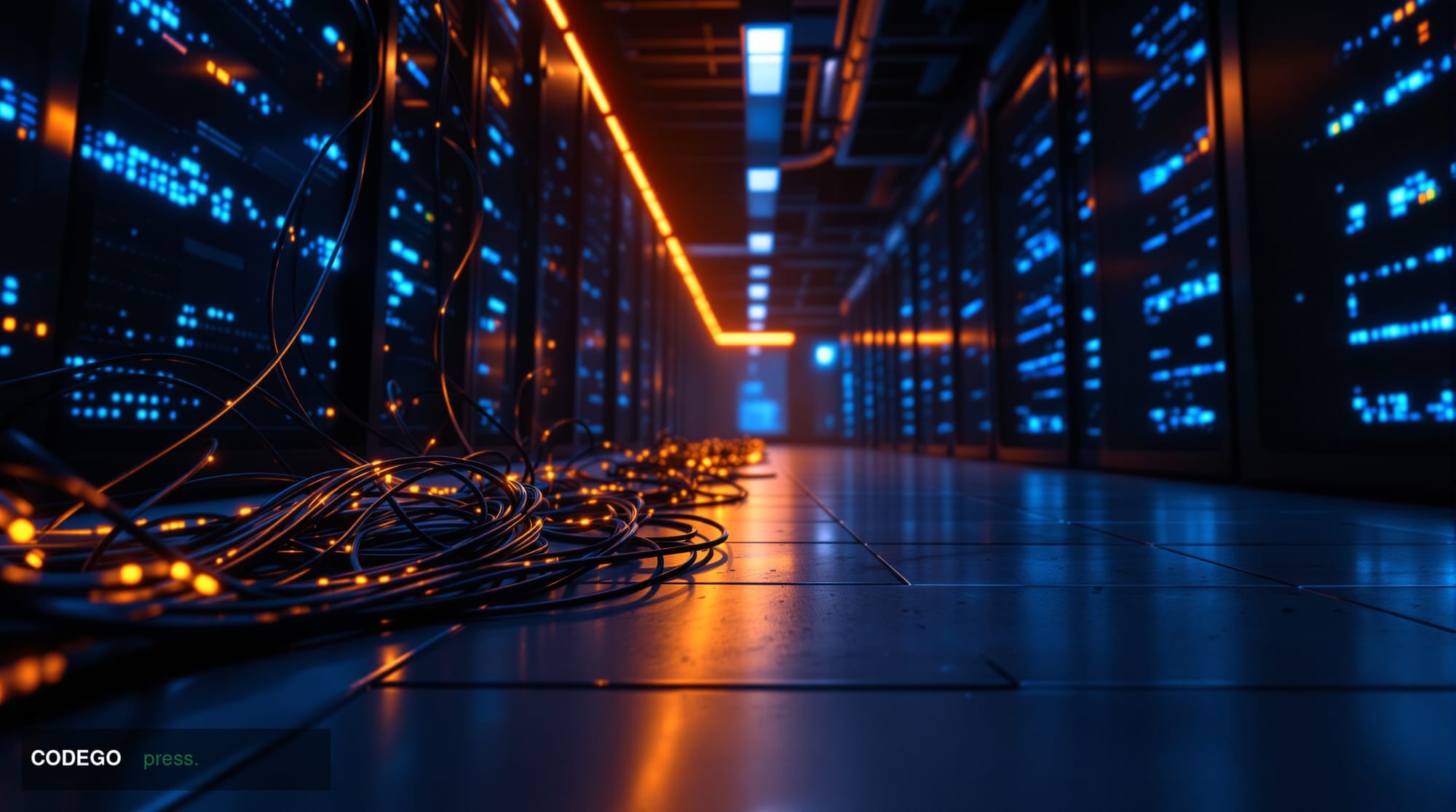 A cinematic editorial photograph shot from a low angle looking up at a sleek, darkened cryptocurrency exchange server facilit