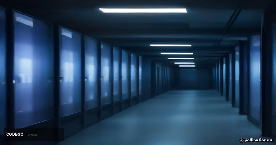 A dimly lit, high-security server room corridor viewed from a low angle, with rows of sleek black server racks extending into