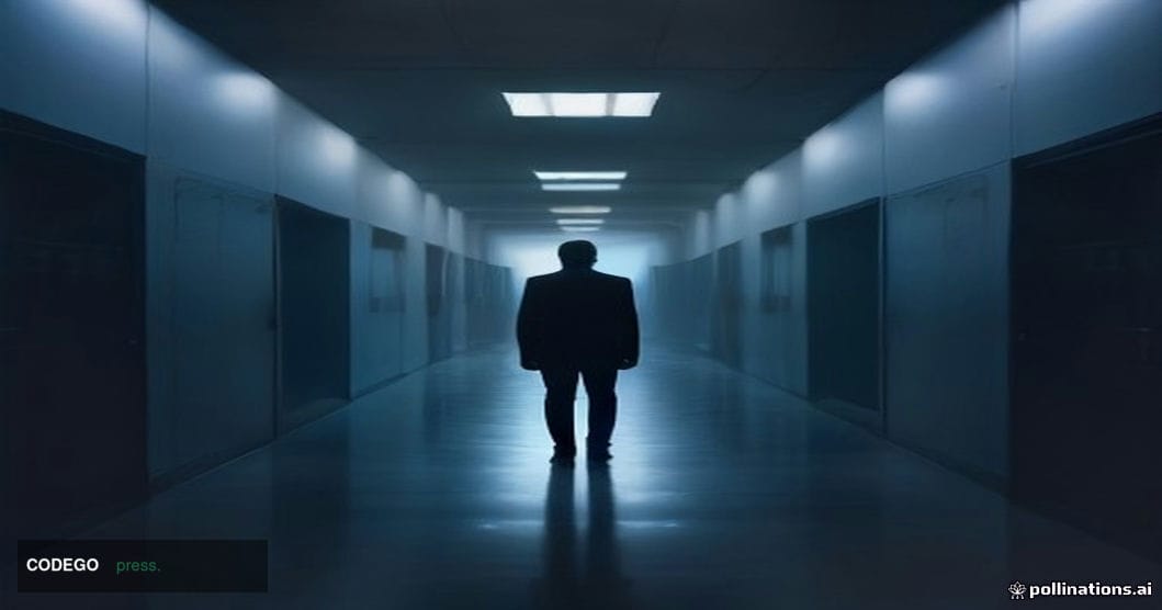 A cinematic editorial photograph of a darkened server room corridor bathed in cool blue ambient light, with racks of sleek bl