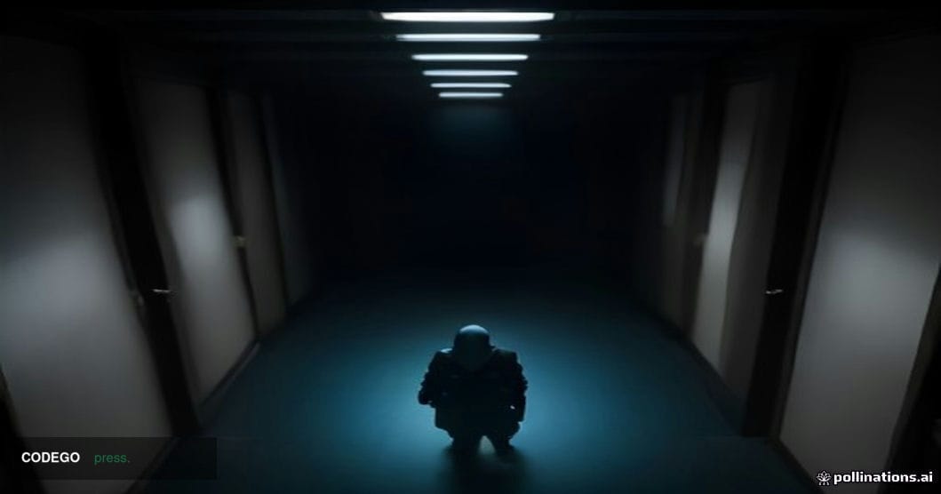 A dramatic cinematic editorial photograph set inside a darkened, high-security server room corridor, lit by cold blue-white s