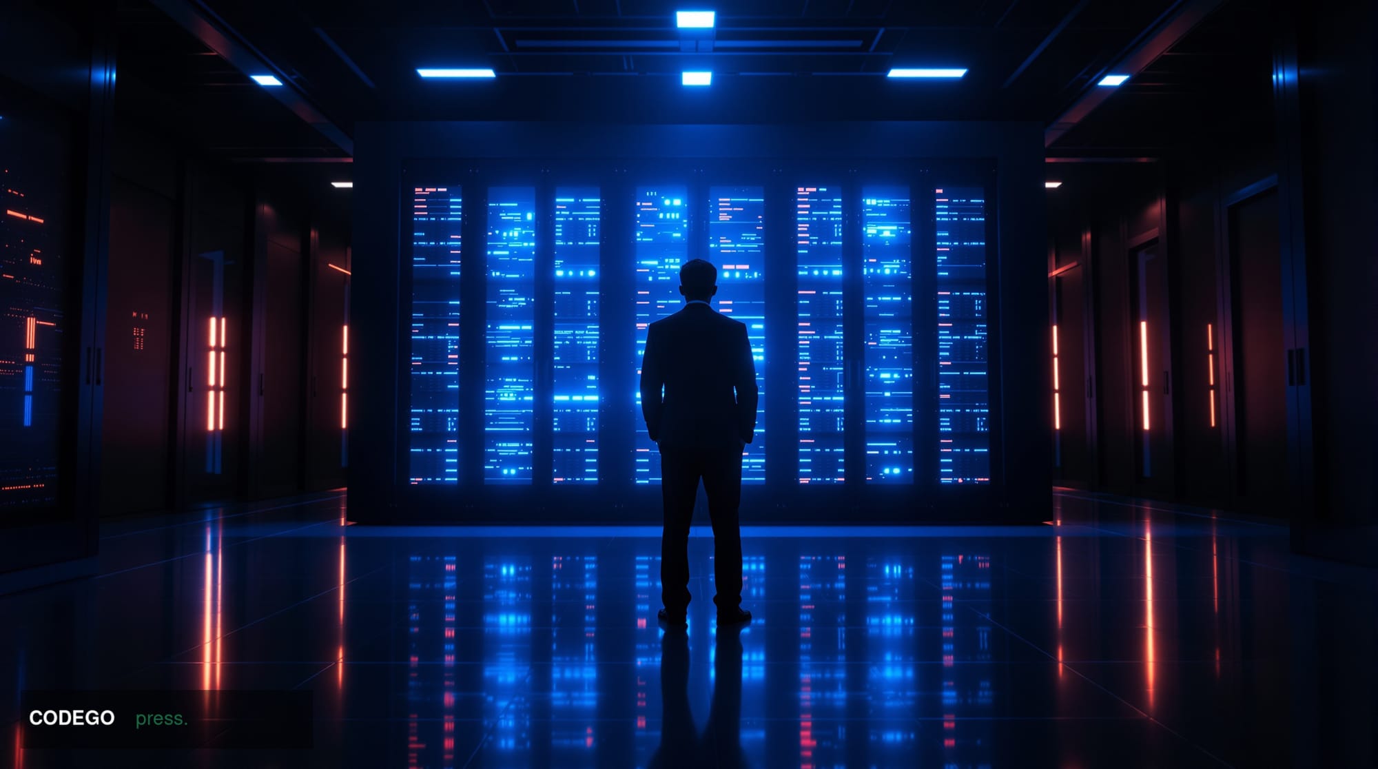 A dramatic cinematic editorial photograph set at night inside a high-security cryptocurrency exchange operations center in As
