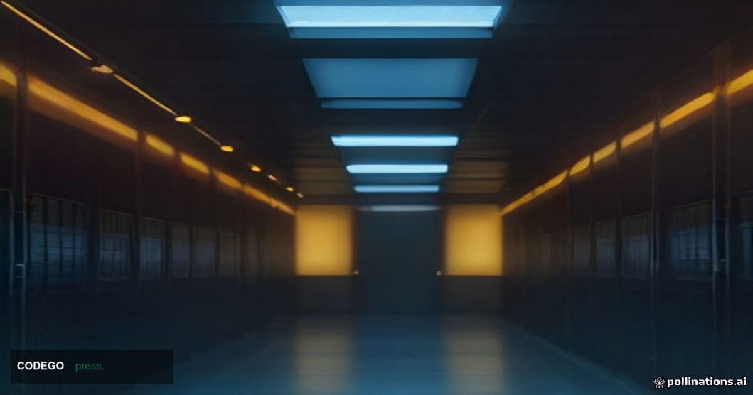 A dramatic cinematic editorial photograph of a vast financial data center interior, shot from a low wide angle looking upward