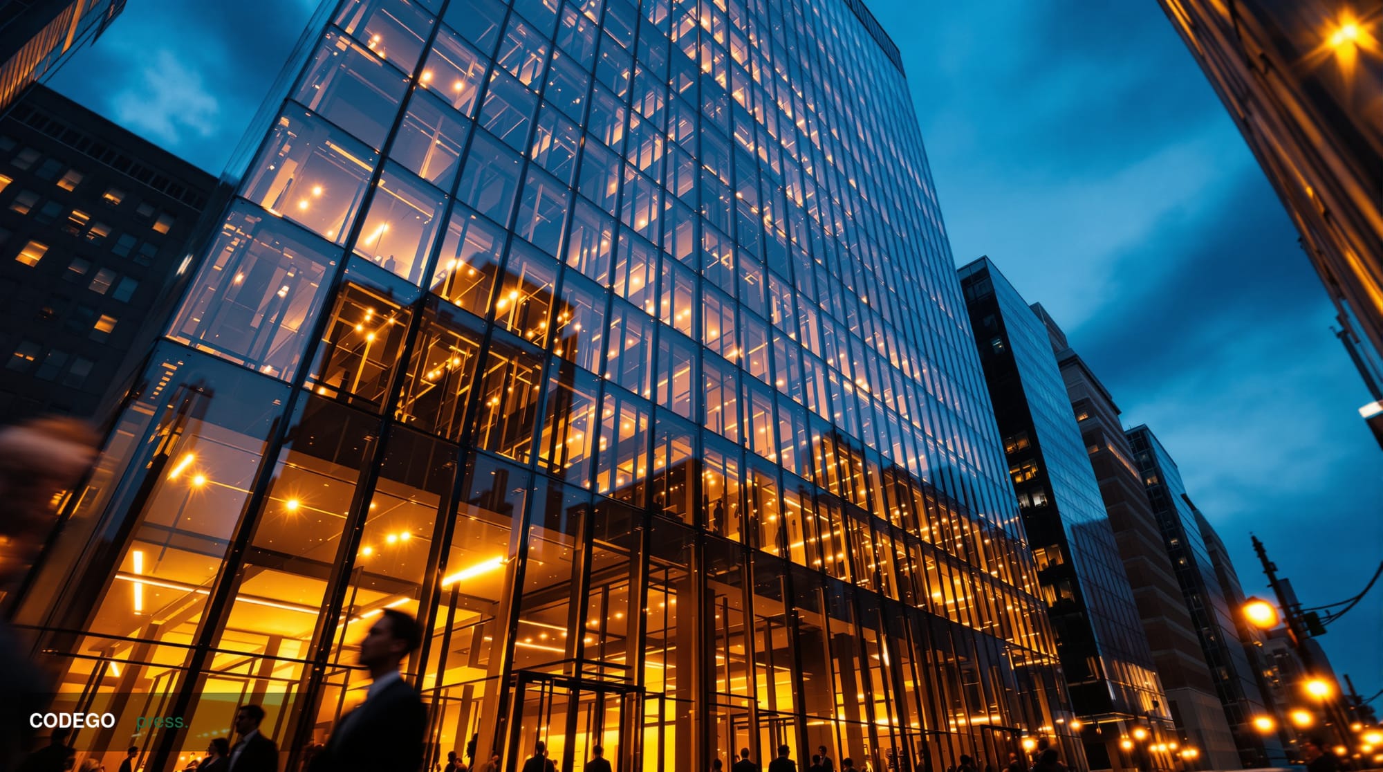 A cinematic editorial photograph shot at ground level looking up at a sleek, modern glass and steel corporate banking tower i