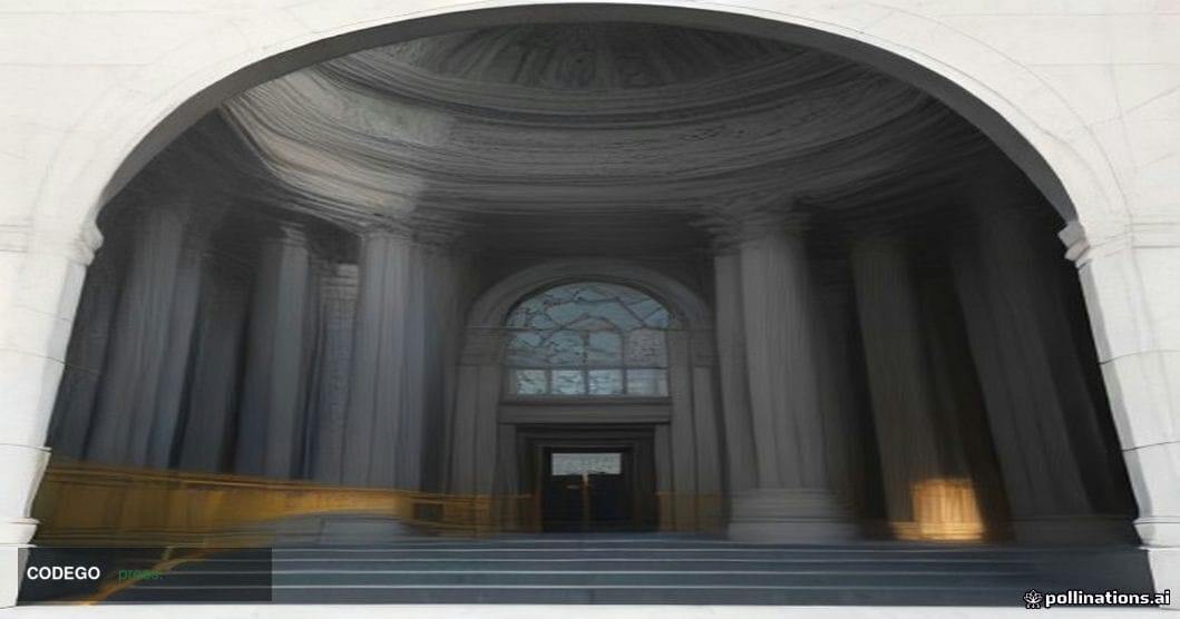 A dramatic cinematic split-scene editorial photograph depicting two monumental courthouses facing each other across a vast sy