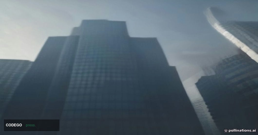 A cinematic editorial photograph shot from a low angle looking up at two imposing glass-and-steel courthouse facades side by 