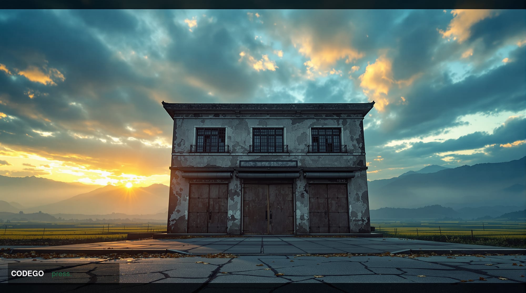 A wide-angle cinematic shot of a vast rural Chinese landscape at dusk, featuring a weathered small-town bank branch exterior 