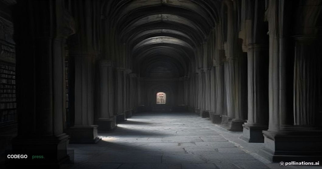 A dramatic cinematic editorial photograph set inside a vast, dimly lit ancient stone library-vault hybrid space — towering co