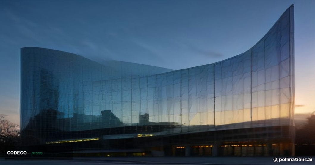 A grand, imposing European Central Bank headquarters building in Frankfurt at dusk, its sleek modernist glass-and-steel tower