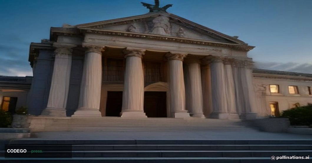 A grand neoclassical European central bank building exterior photographed at dusk from a low-angle perspective, the towering 