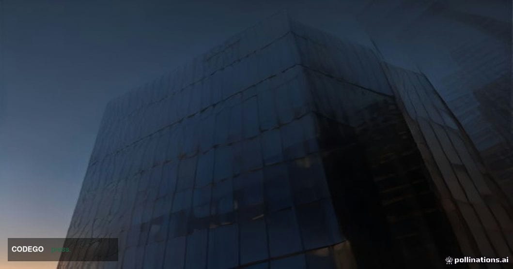 A dramatic cinematic editorial photograph of a towering modern Canadian bank headquarters at dusk, shot from a low angle look