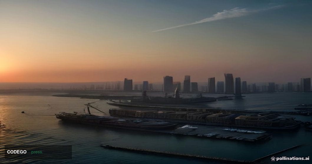 A sweeping cinematic aerial view of a bustling Southeast Asian port city at golden hour, with warm amber light cascading acro