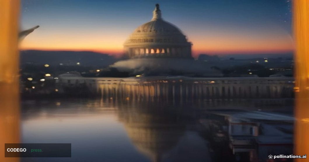 A wide-angle cinematic shot of the United States Capitol building at dusk, its neoclassical dome bathed in warm amber light f