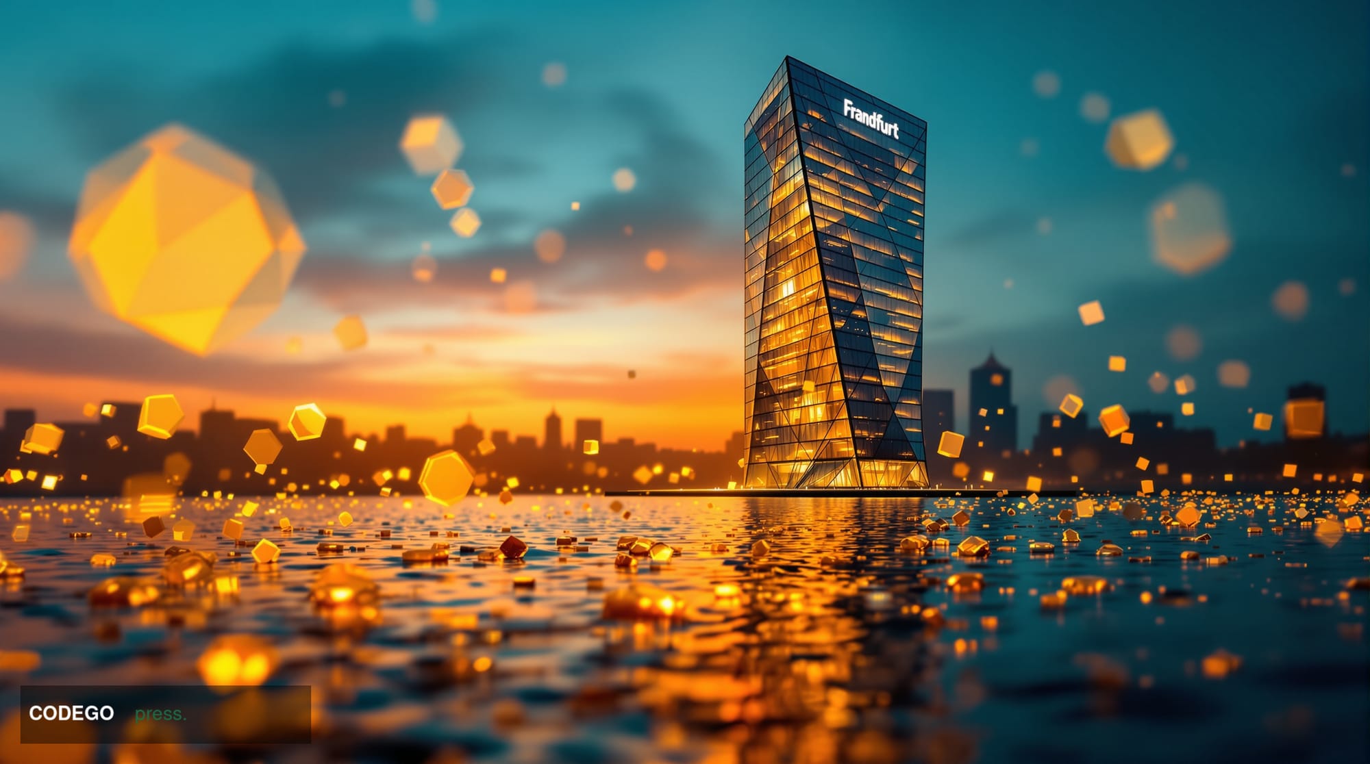 A sweeping cinematic exterior shot of the European Central Bank's iconic Frankfurt headquarters at dusk — its angular glass t