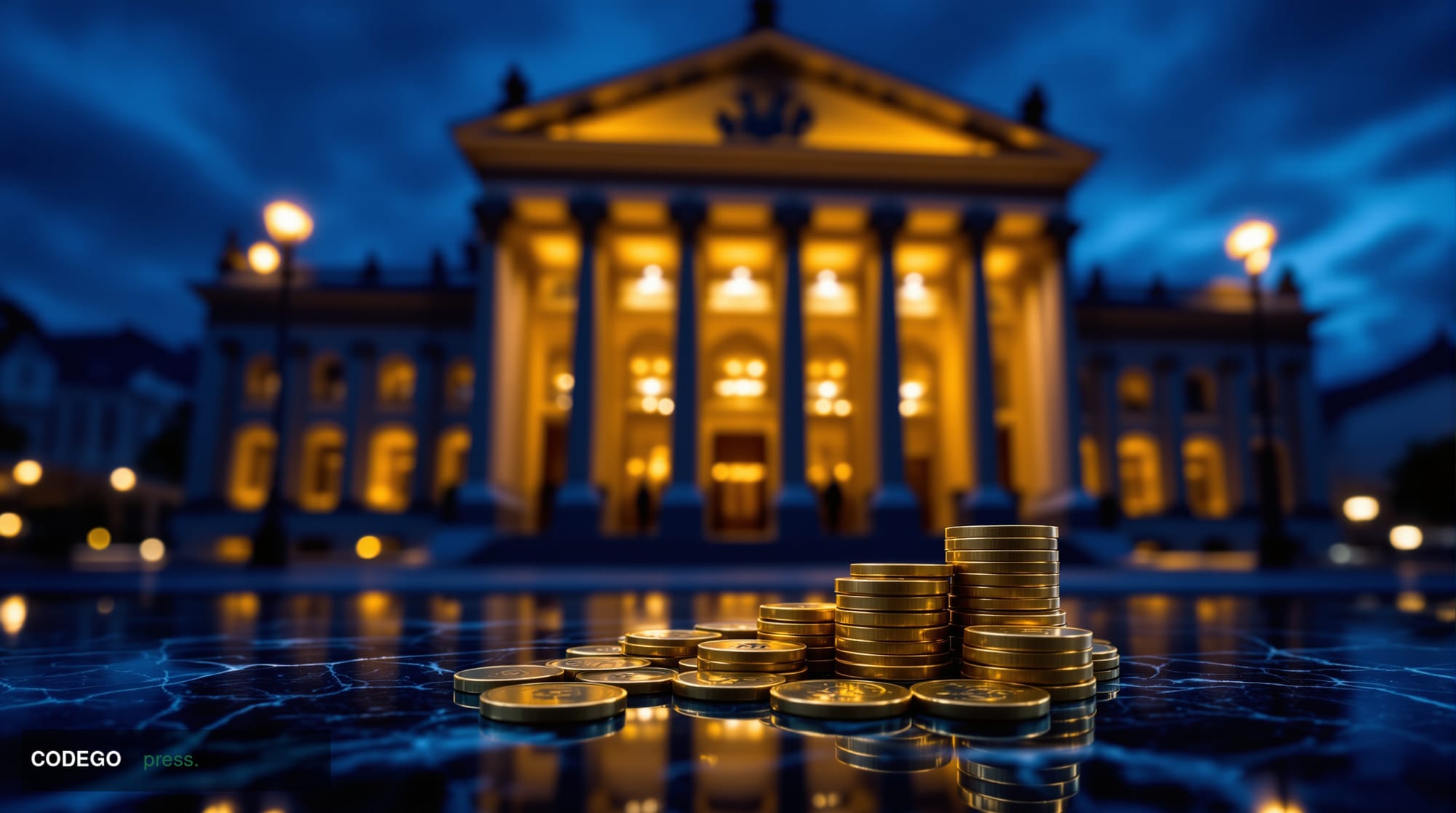 A dramatic cinematic editorial photograph set in Brussels at dusk, with the recognizable neoclassical façade of a grand Europ