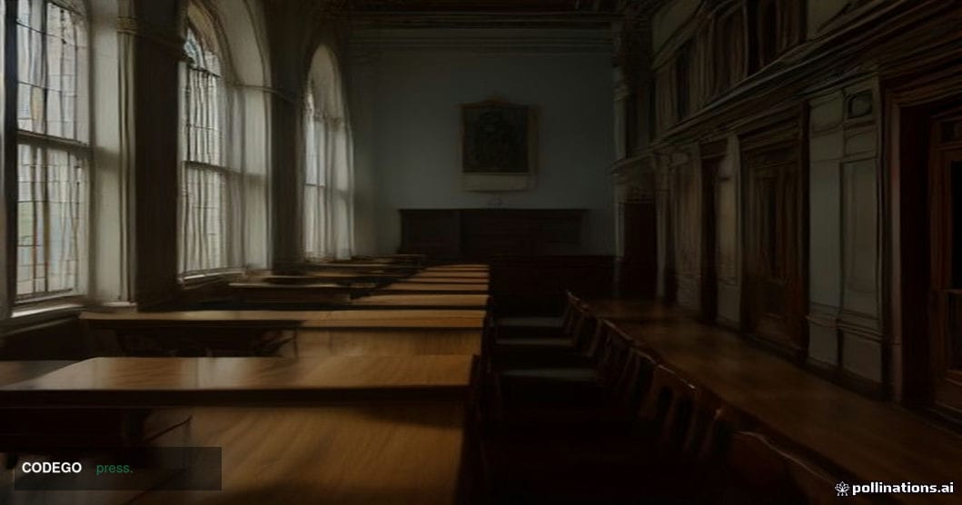 A photorealistic cinematic editorial photograph set inside a grand federal courthouse interior, shot from a low angle looking