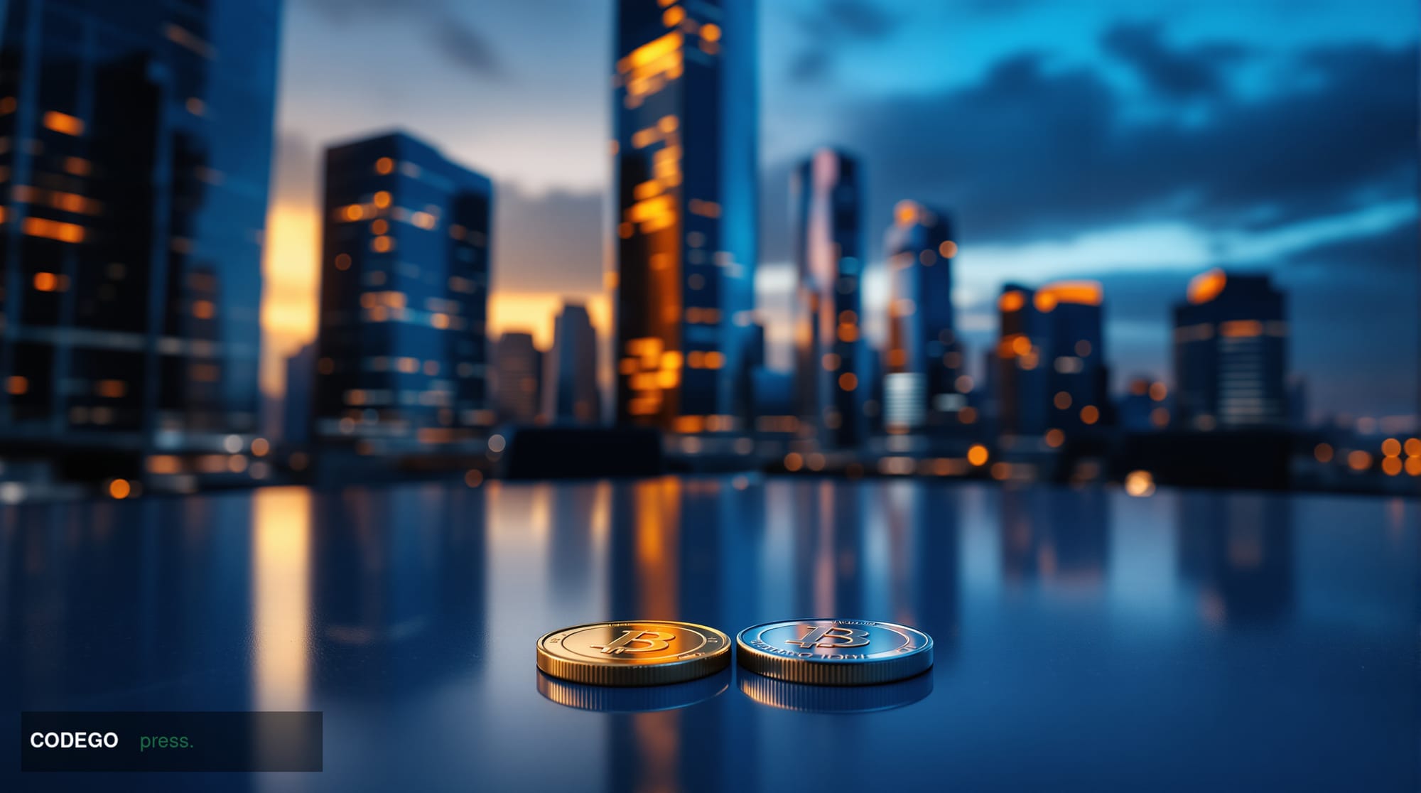 A cinematic editorial photograph of a sleek, modern European corporate financial district at dusk, with towering glass-and-st