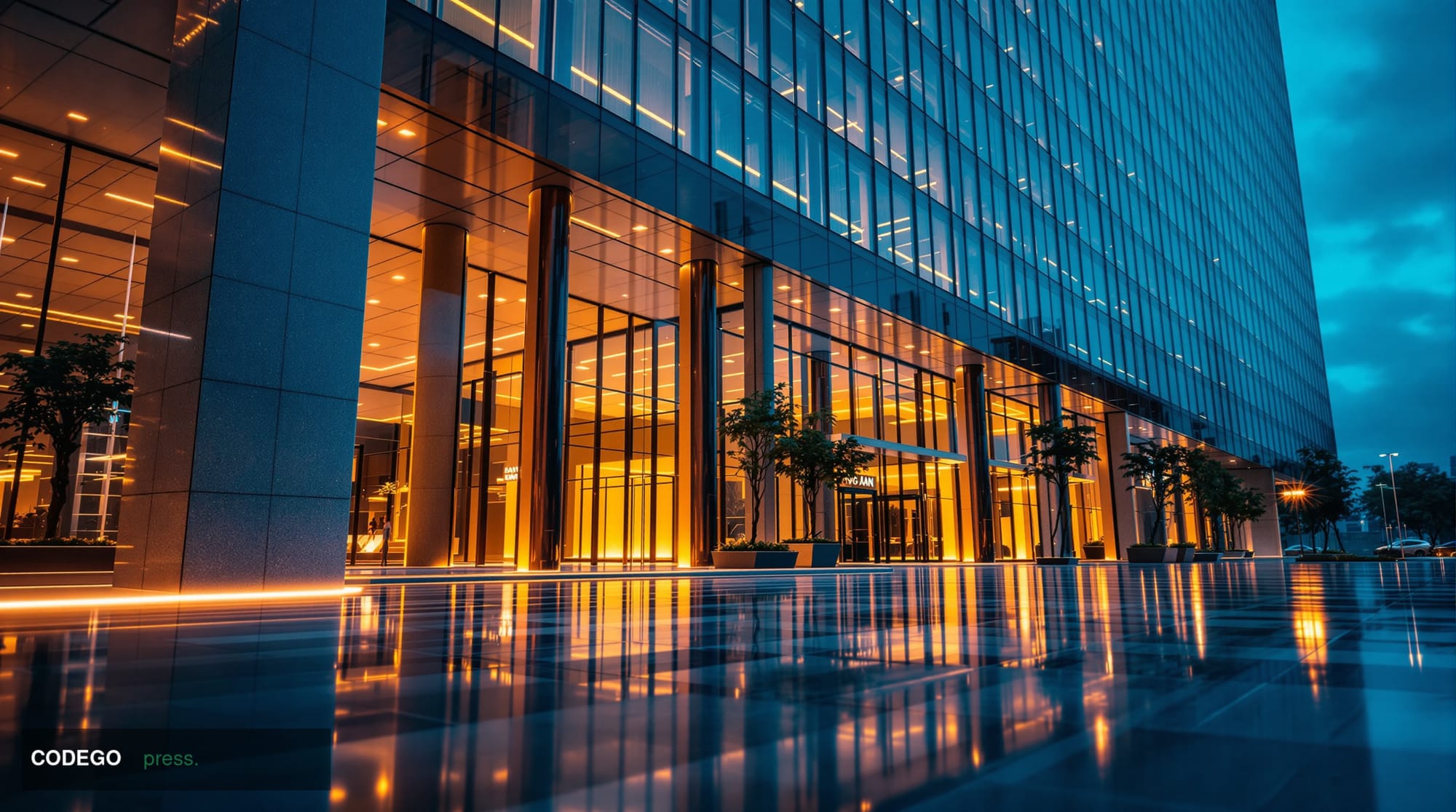 A cinematic editorial photograph of a grand, modernist bank headquarters exterior at dusk, its towering glass facade casting 