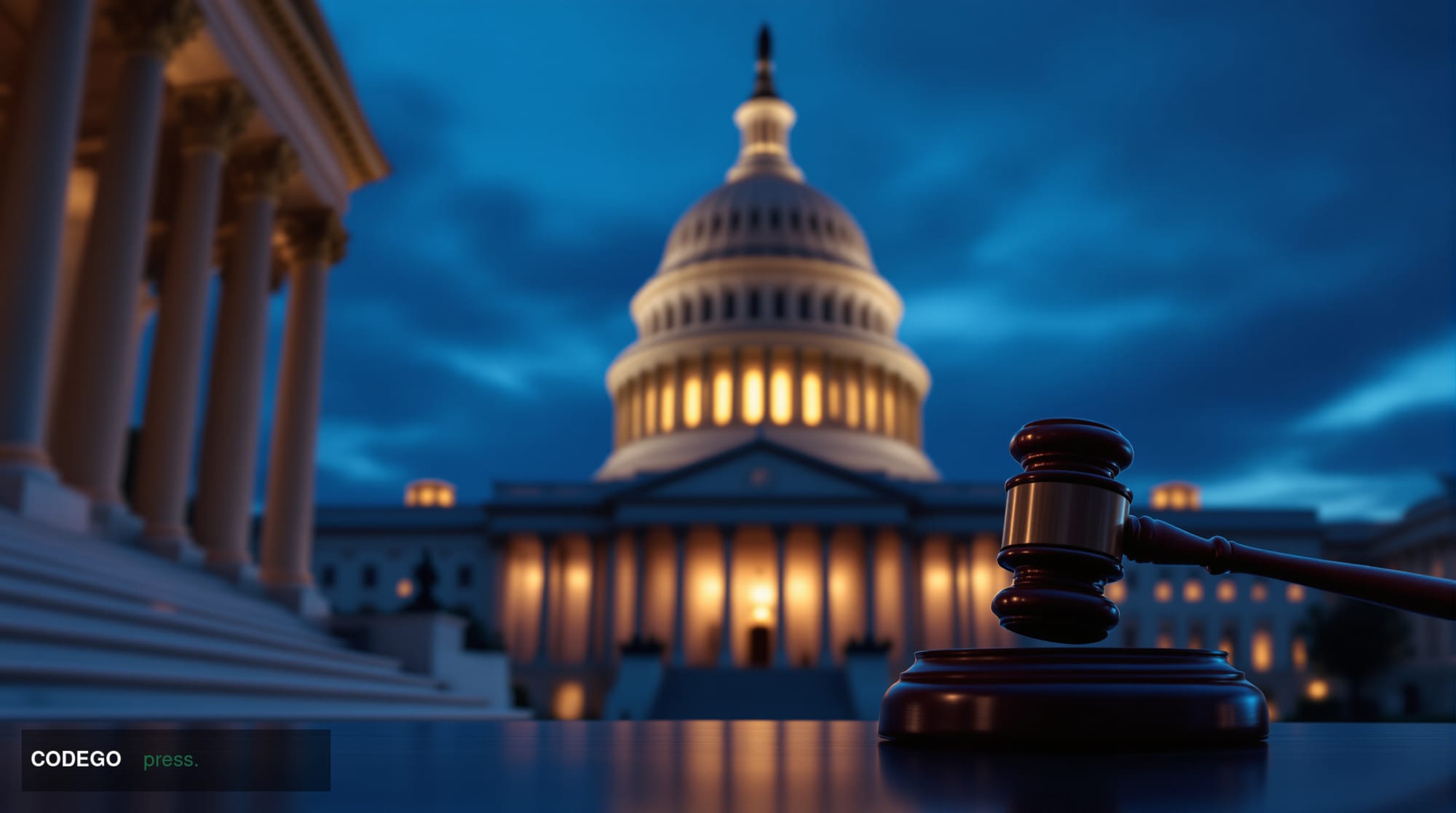 A dramatic wide-angle shot of the United States Capitol building at dusk, viewed from the base of its grand marble steps, the