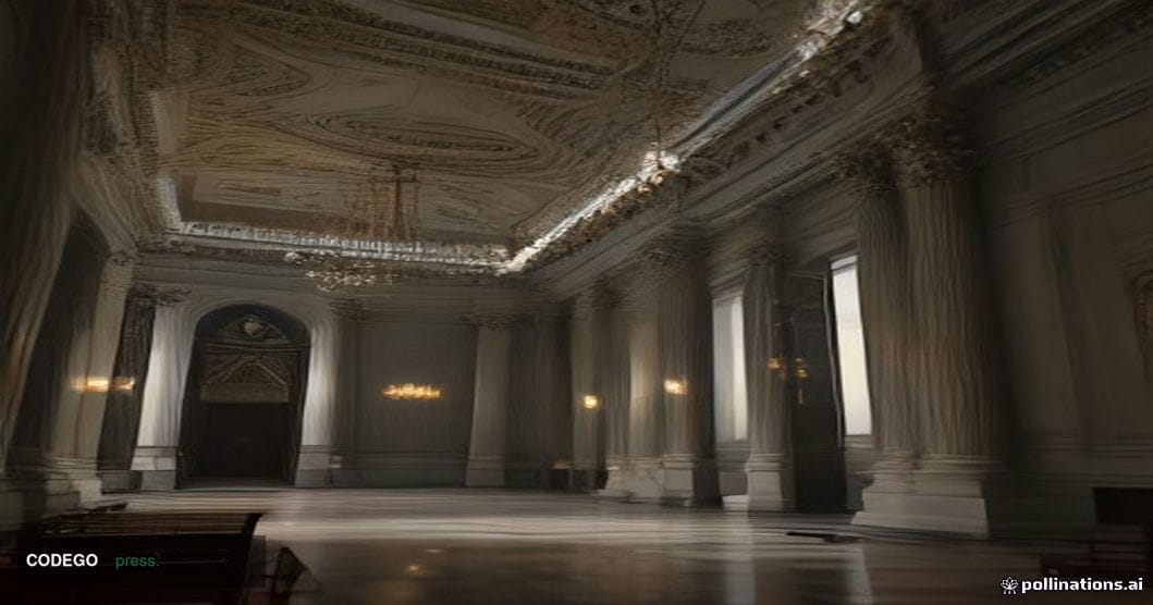 A dramatic cinematic editorial photograph taken inside a grand Irish governmental conference hall in Dublin, modeled on the n